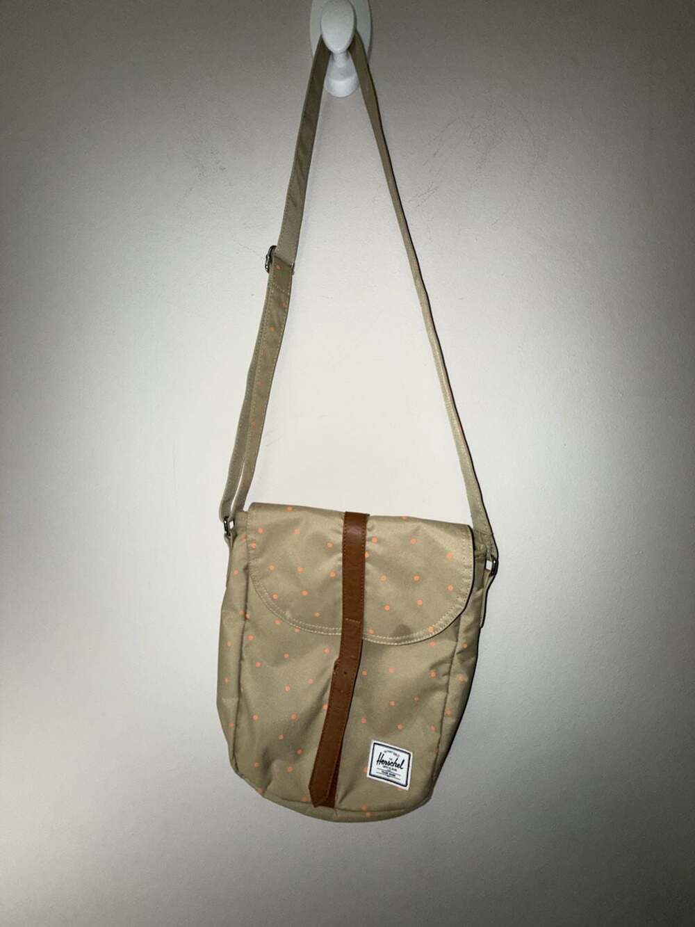 Herschel Supply Co. Tan and Neon Orange Polka Dot Messenger Crossbody Bag